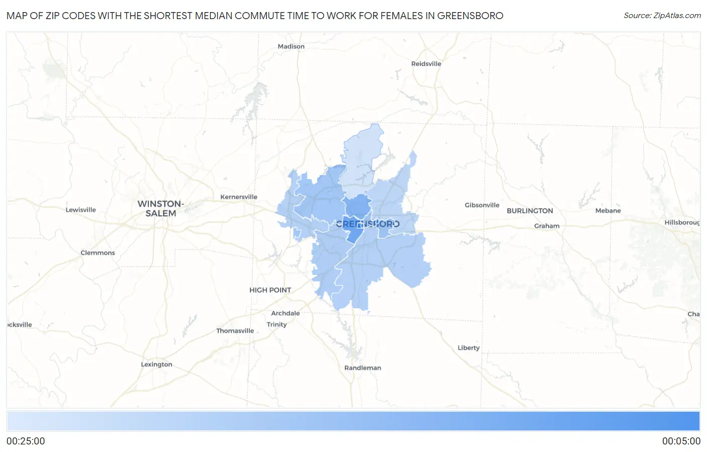 Zip Codes with the Shortest Median Commute Time to Work for Females in Greensboro Map