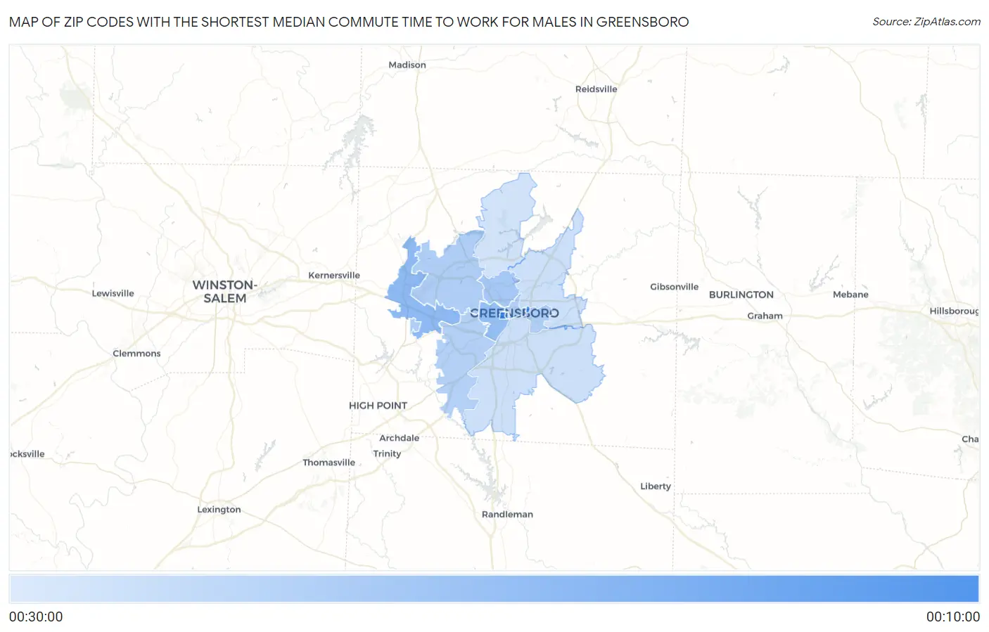 Zip Codes with the Shortest Median Commute Time to Work for Males in Greensboro Map