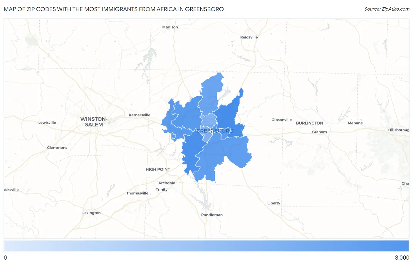 Zip Codes with the Most Immigrants from Africa in Greensboro Map