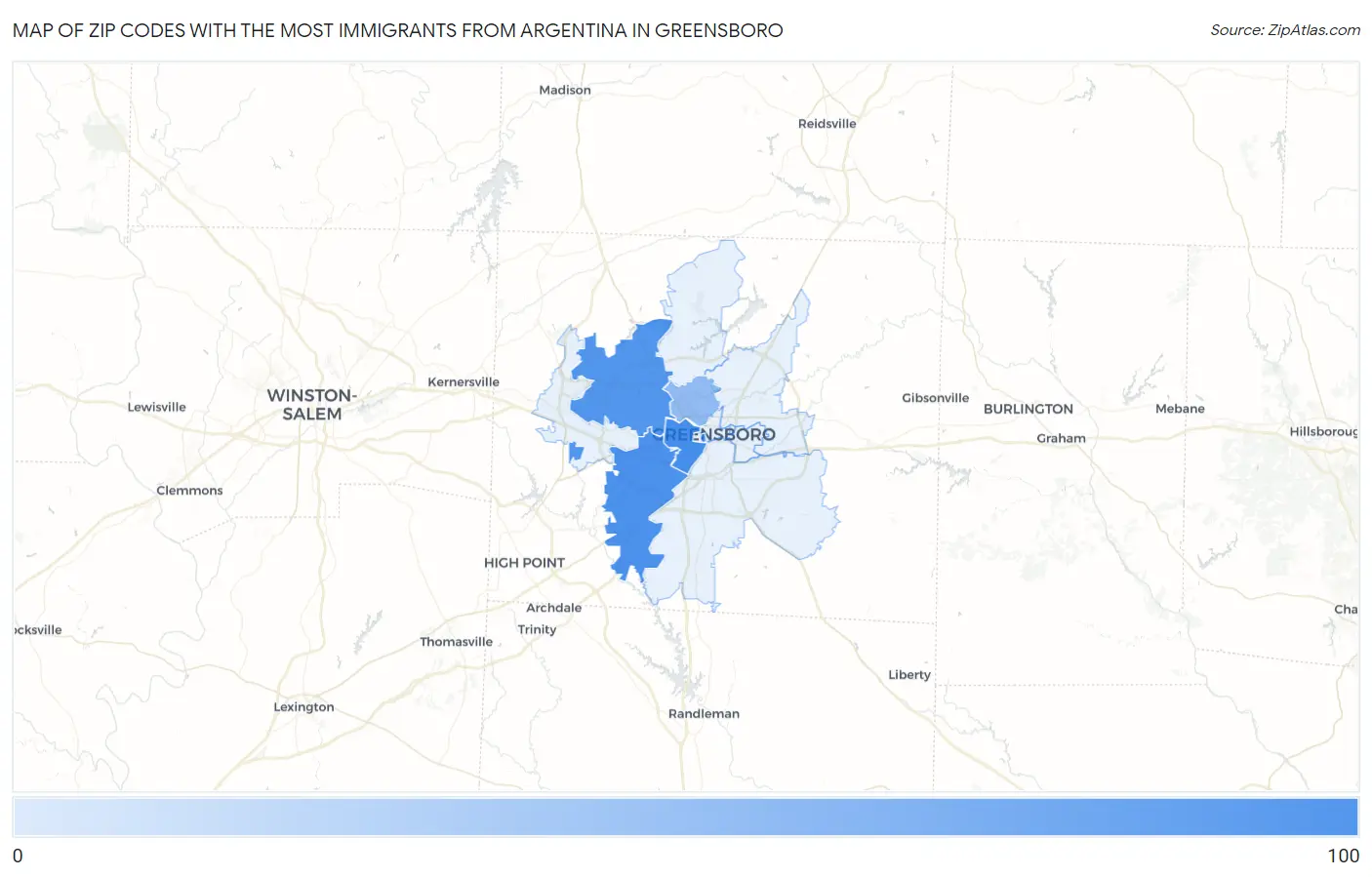 Zip Codes with the Most Immigrants from Argentina in Greensboro Map