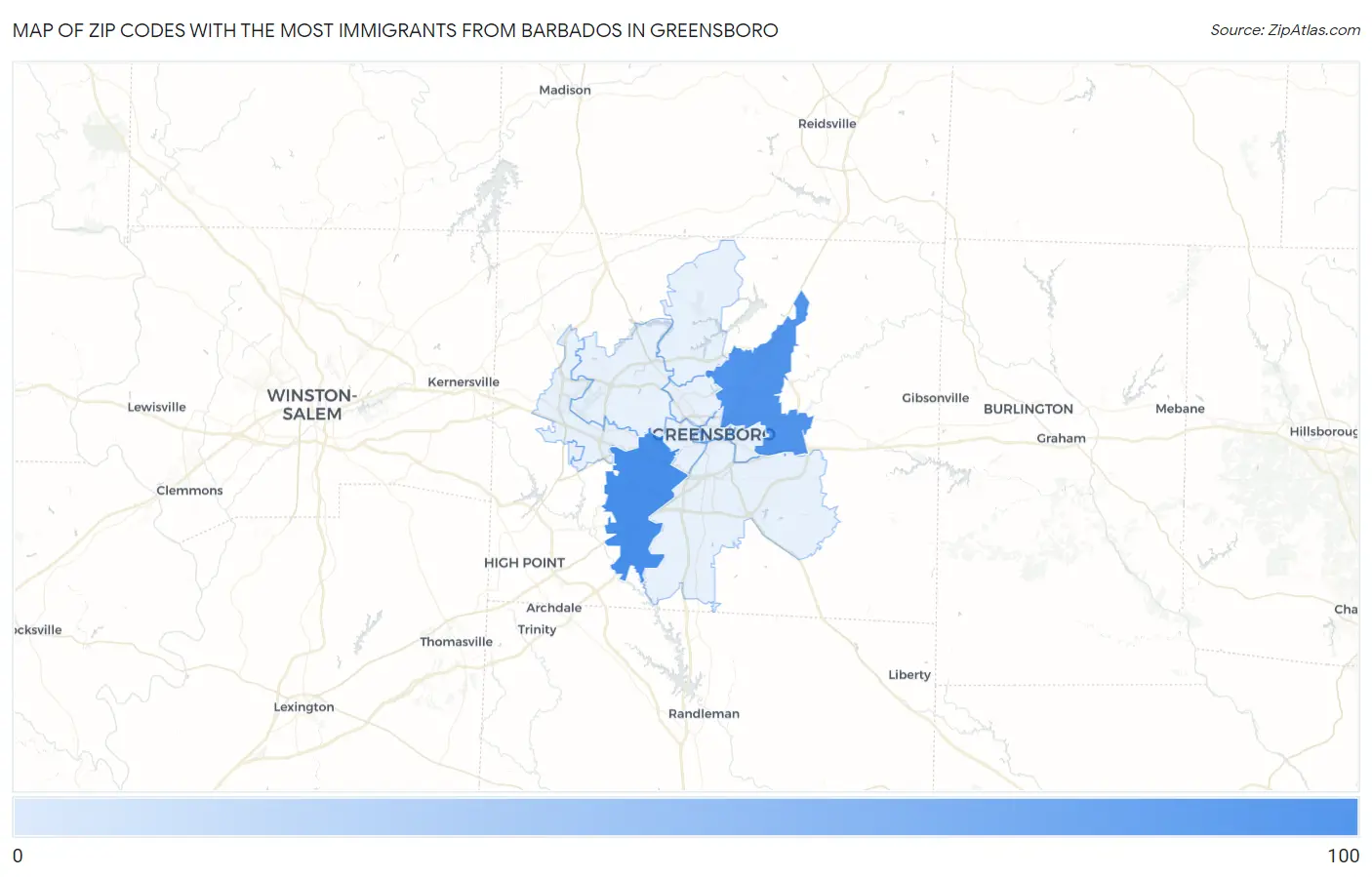 Zip Codes with the Most Immigrants from Barbados in Greensboro Map