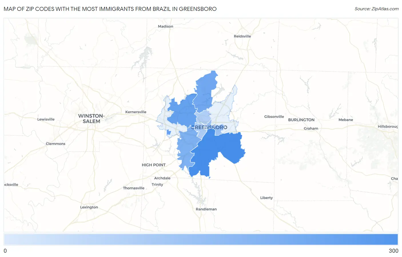 Zip Codes with the Most Immigrants from Brazil in Greensboro Map