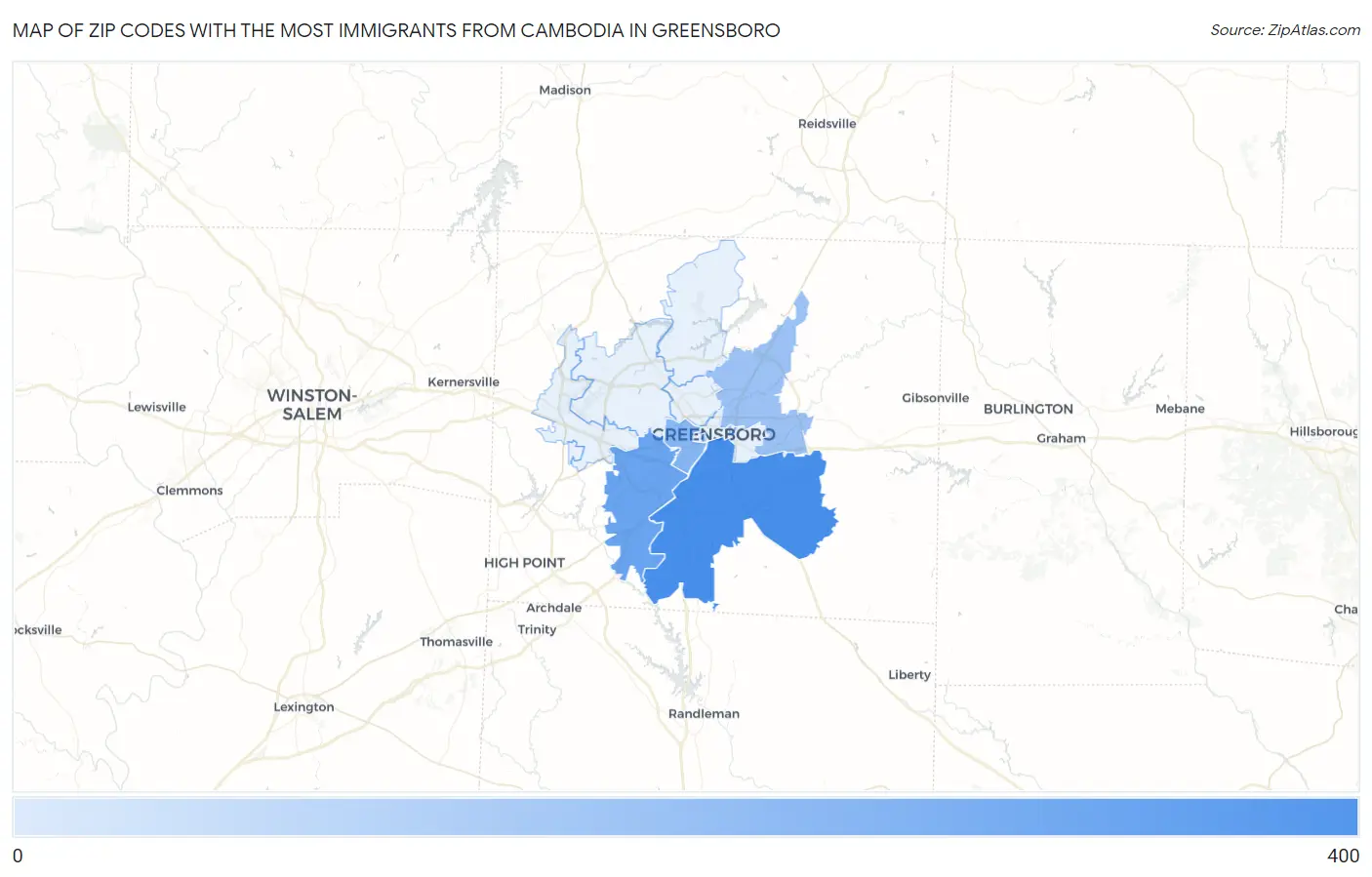 Zip Codes with the Most Immigrants from Cambodia in Greensboro Map