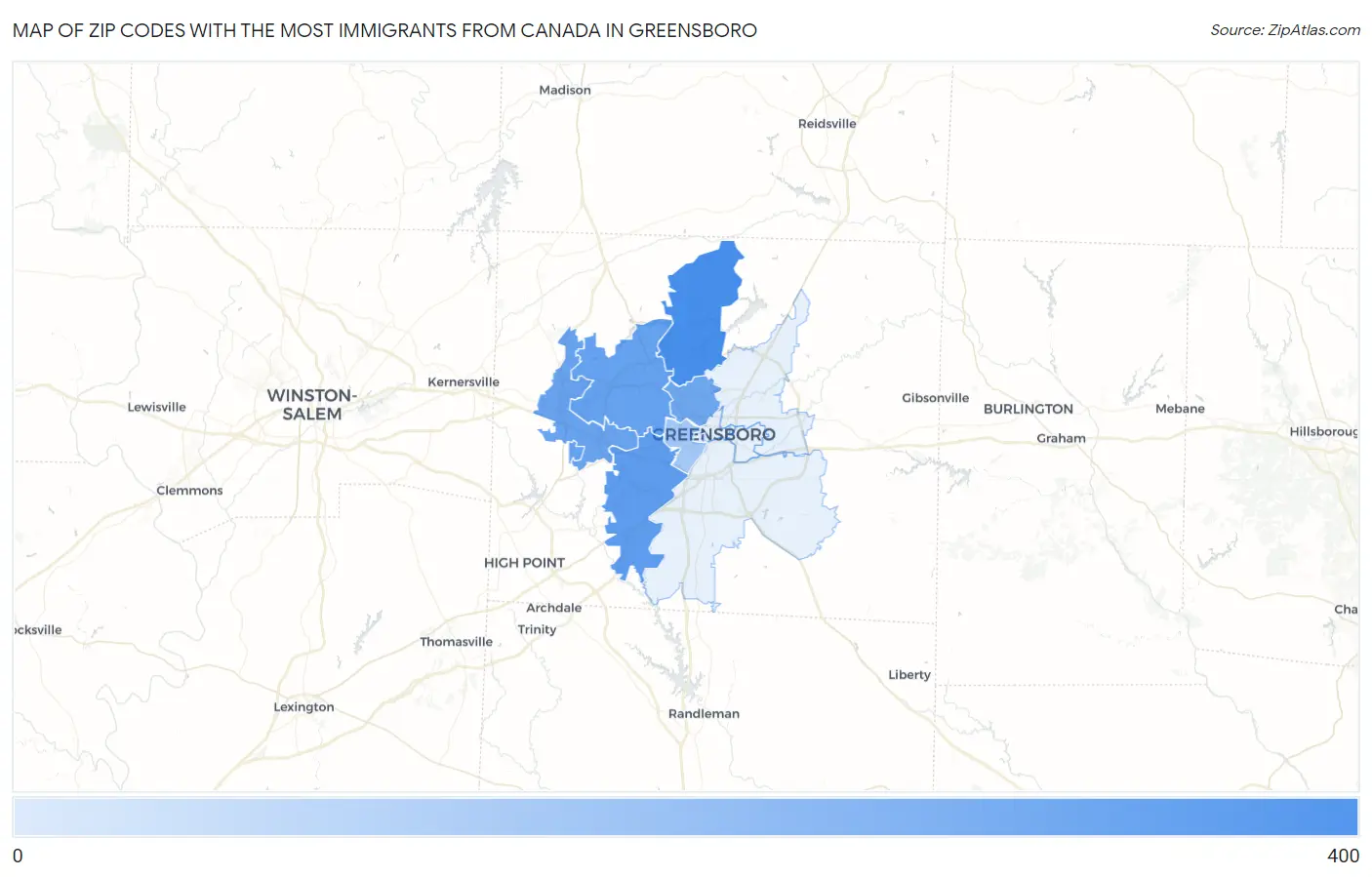 Zip Codes with the Most Immigrants from Canada in Greensboro Map
