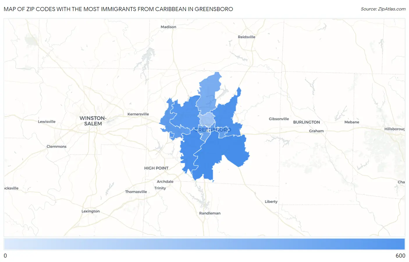 Zip Codes with the Most Immigrants from Caribbean in Greensboro Map