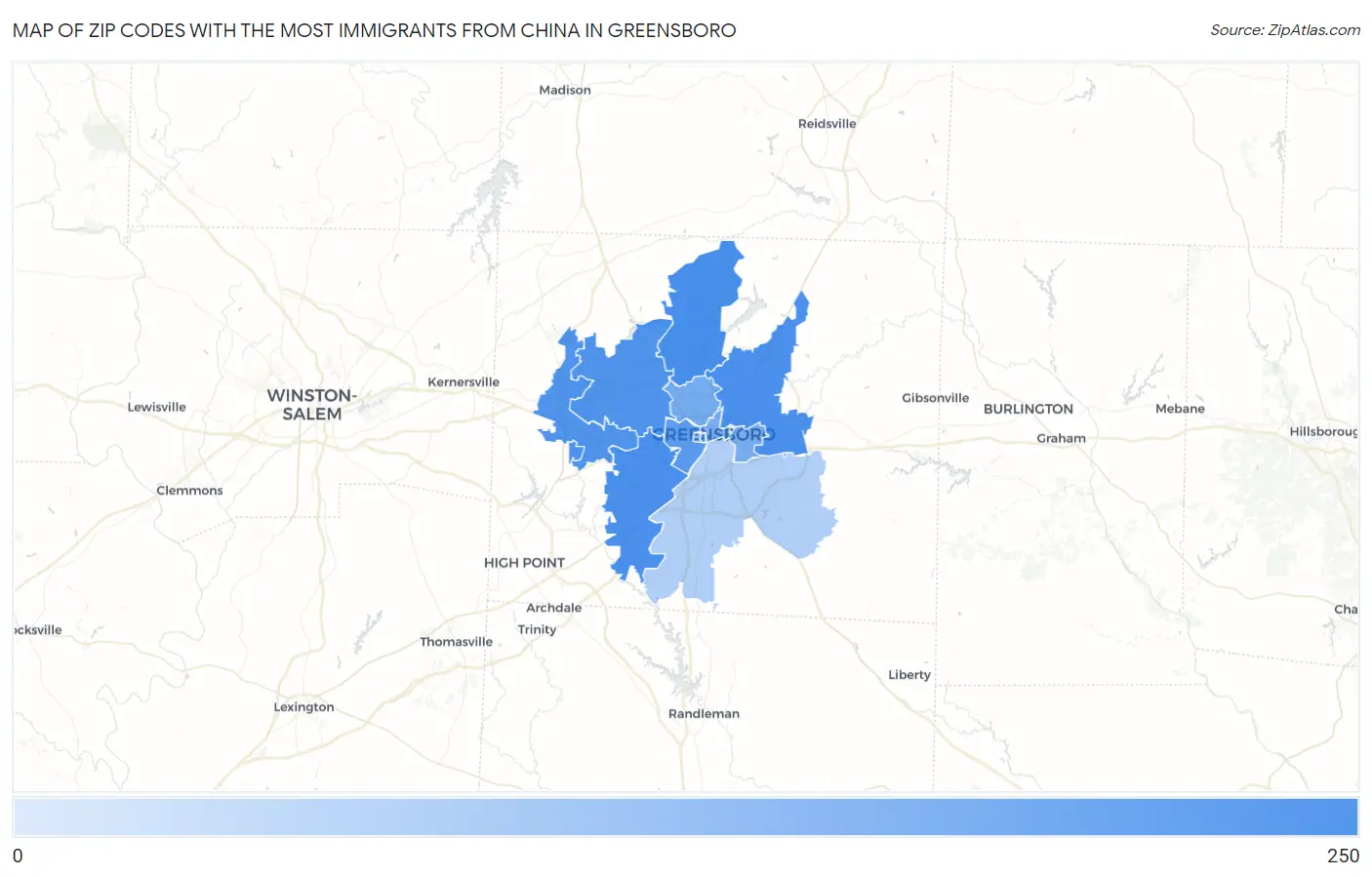 Zip Codes with the Most Immigrants from China in Greensboro Map