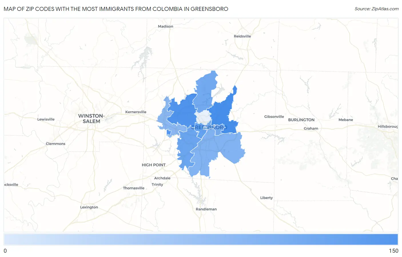Zip Codes with the Most Immigrants from Colombia in Greensboro Map