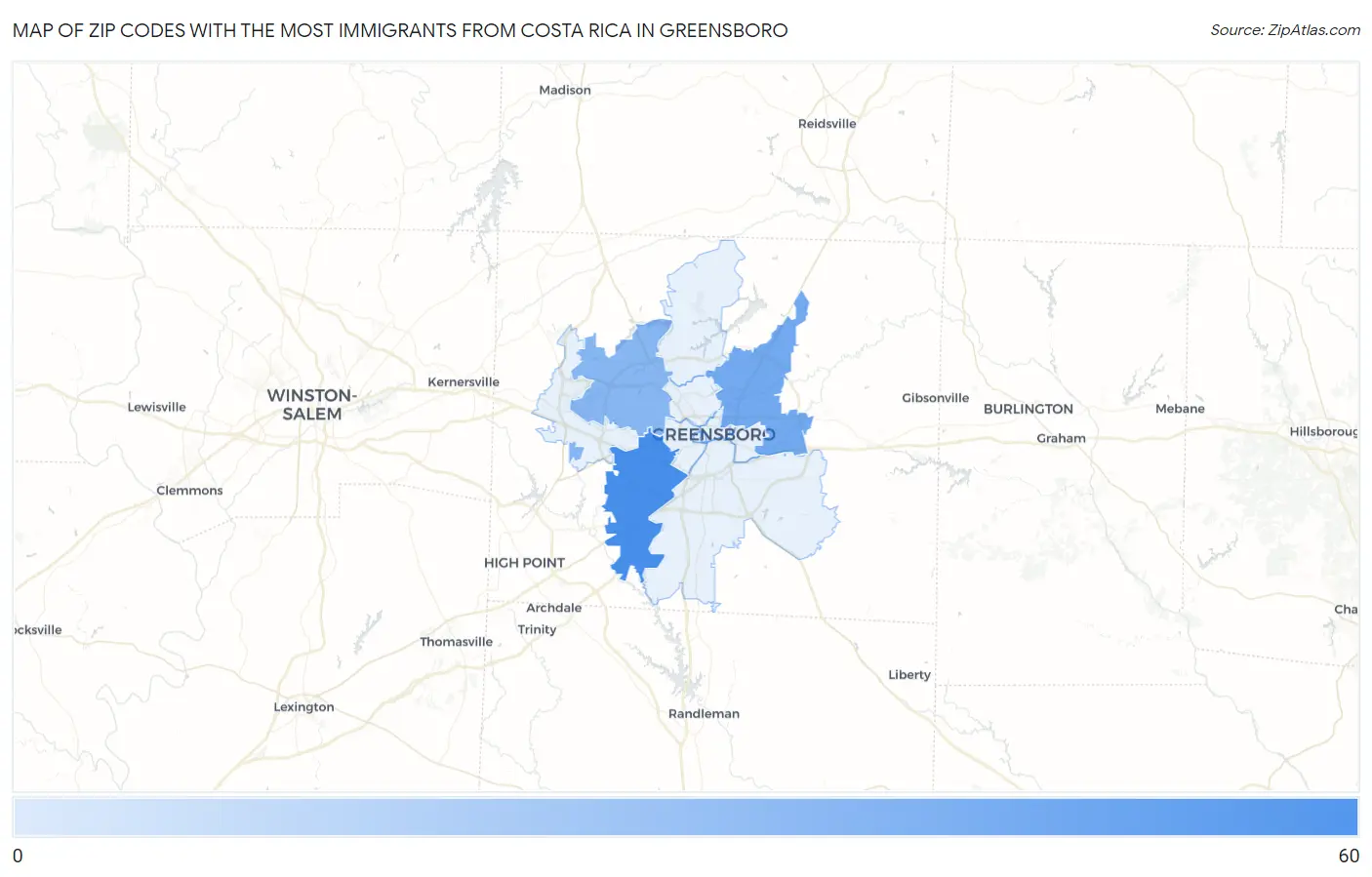 Zip Codes with the Most Immigrants from Costa Rica in Greensboro Map