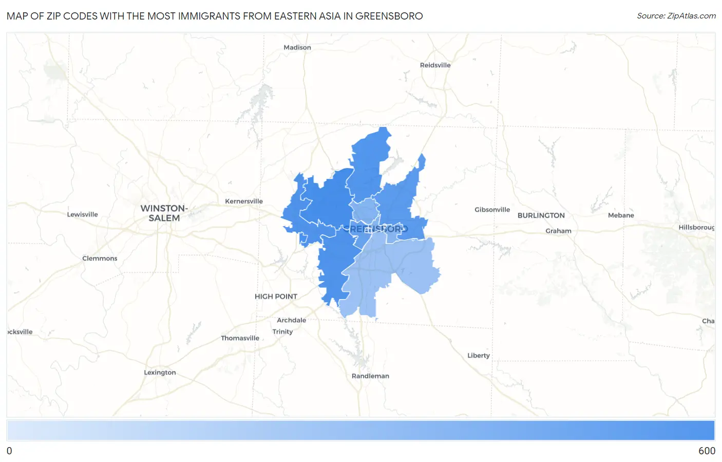 Zip Codes with the Most Immigrants from Eastern Asia in Greensboro Map
