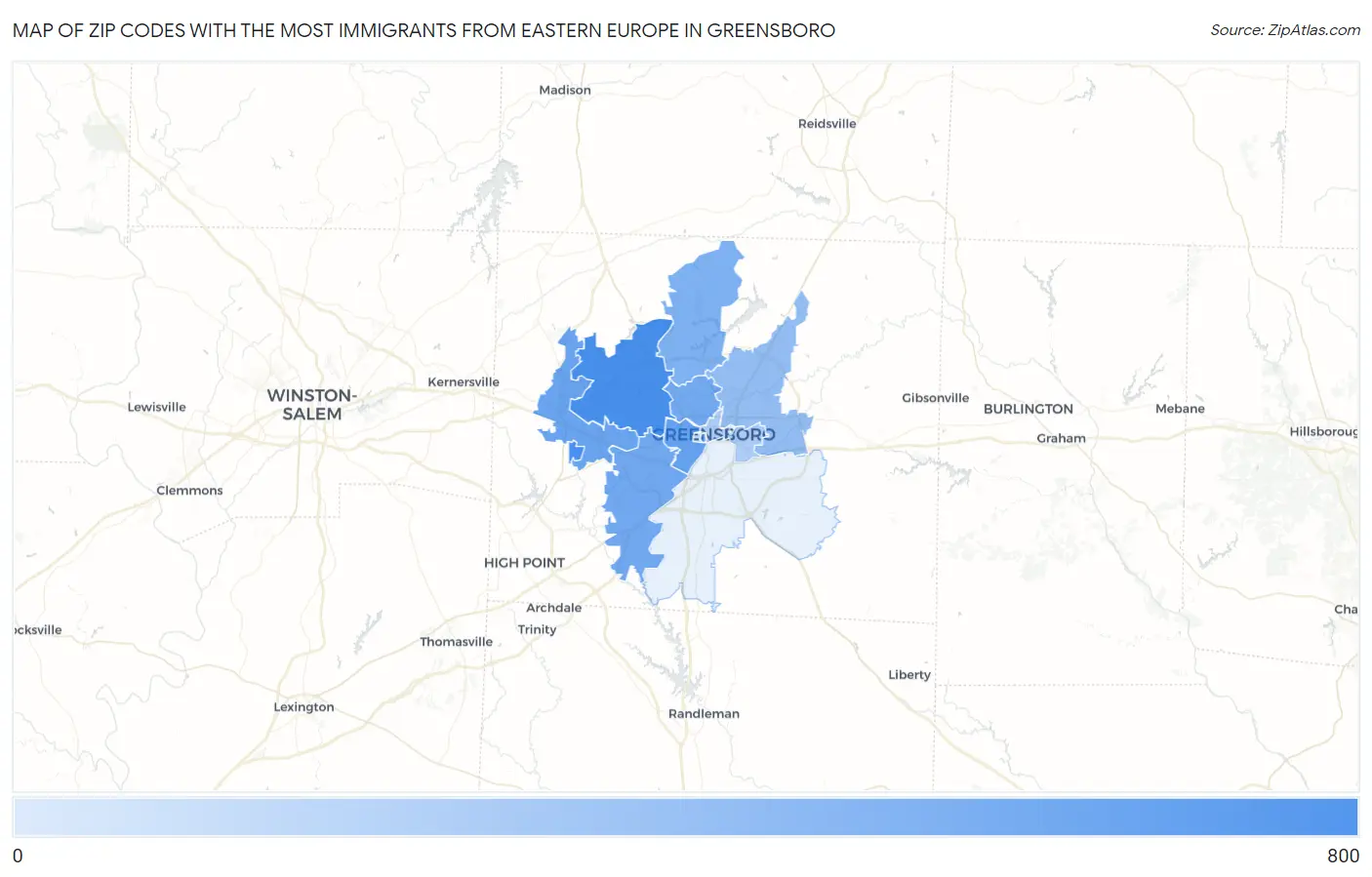 Zip Codes with the Most Immigrants from Eastern Europe in Greensboro Map