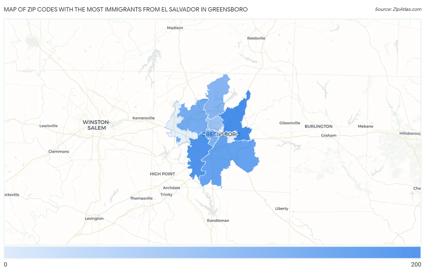 Zip Codes with the Most Immigrants from El Salvador in Greensboro Map