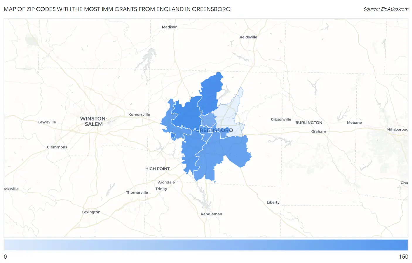 Zip Codes with the Most Immigrants from England in Greensboro Map