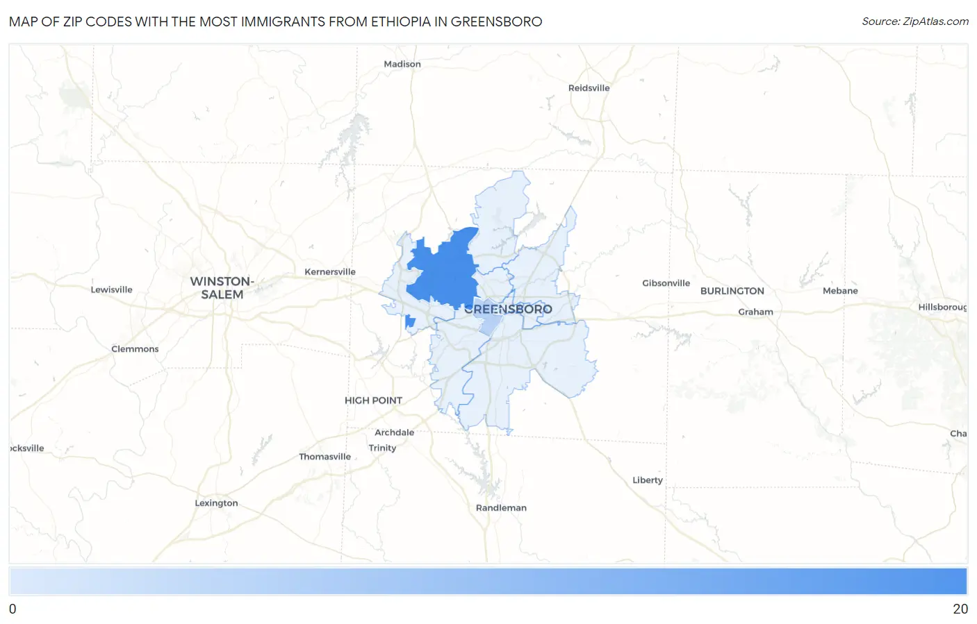 Zip Codes with the Most Immigrants from Ethiopia in Greensboro Map