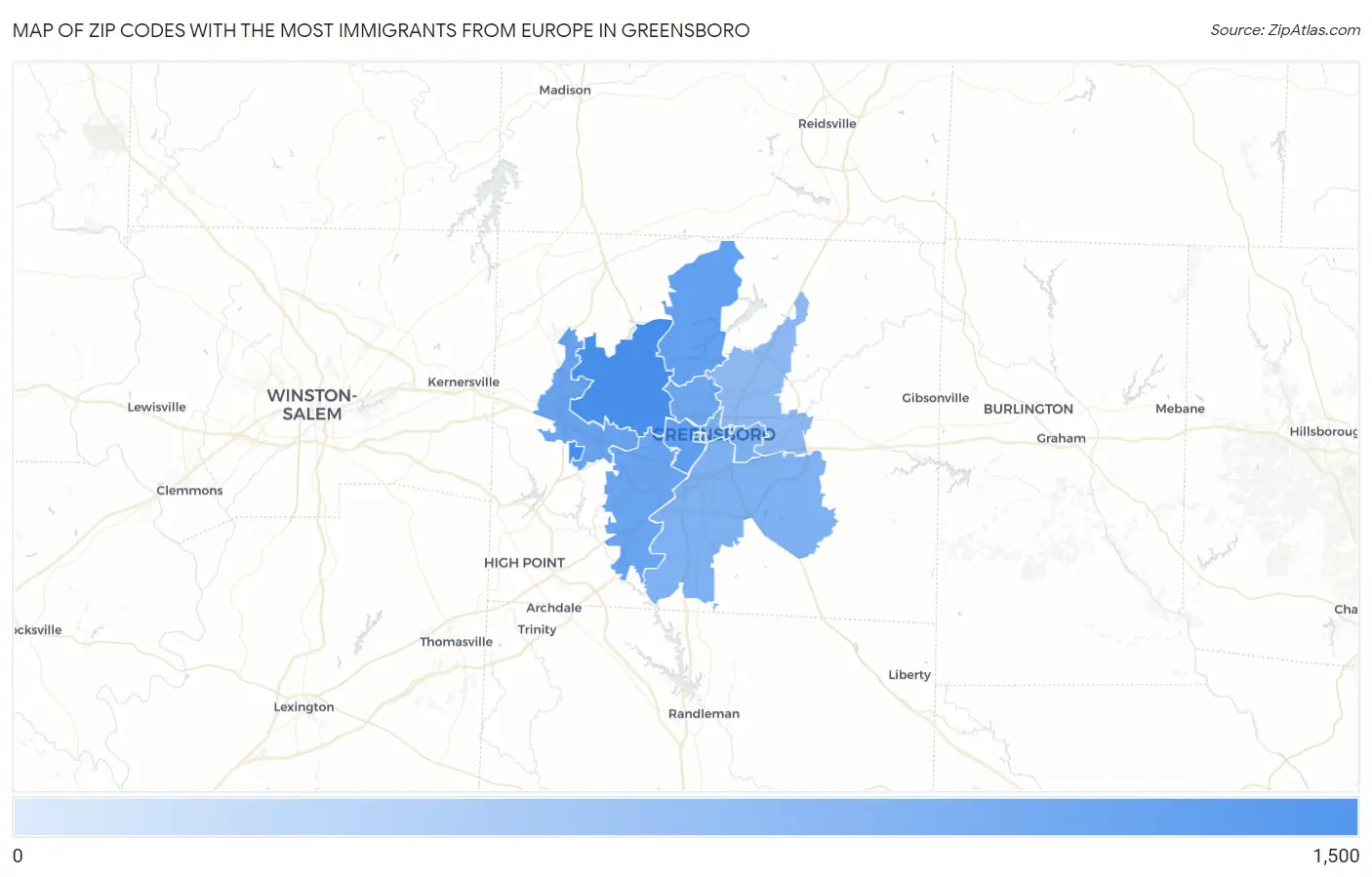 Zip Codes with the Most Immigrants from Europe in Greensboro Map