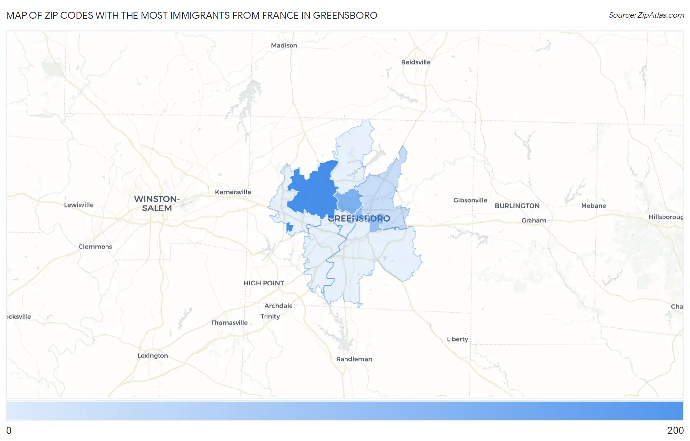 Zip Codes with the Most Immigrants from France in Greensboro Map