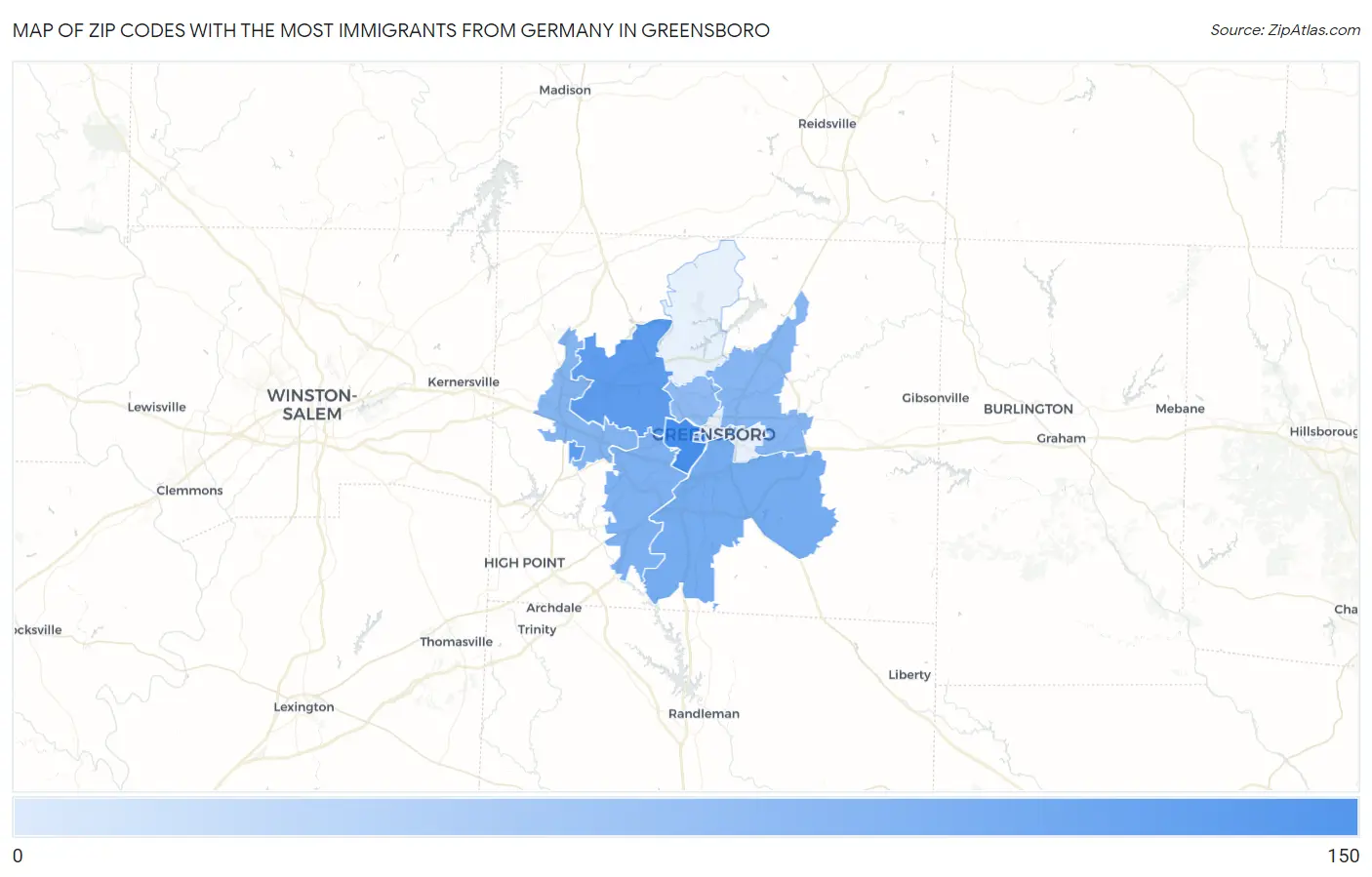 Zip Codes with the Most Immigrants from Germany in Greensboro Map