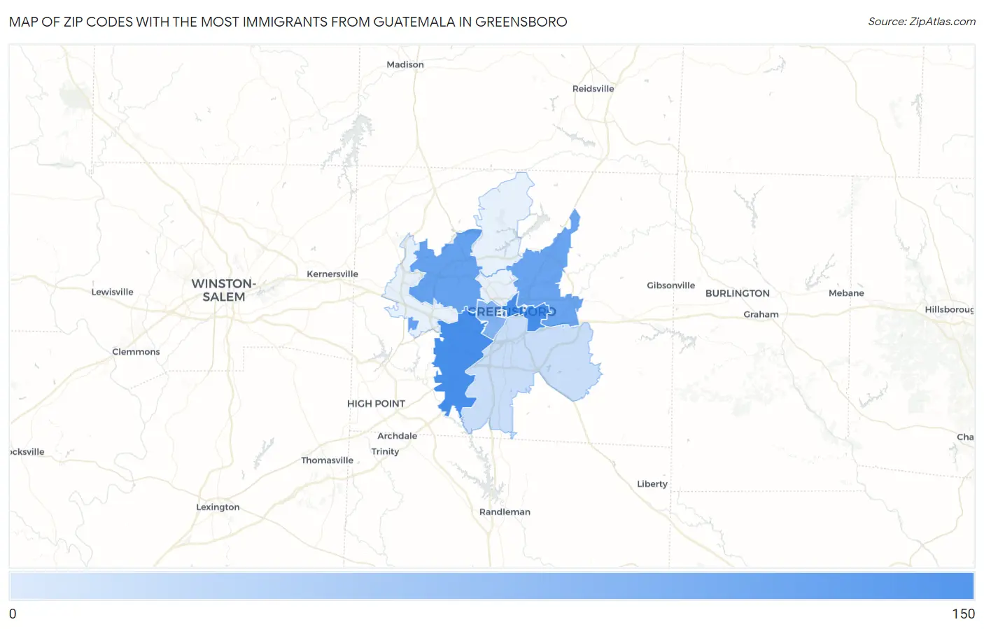 Zip Codes with the Most Immigrants from Guatemala in Greensboro Map
