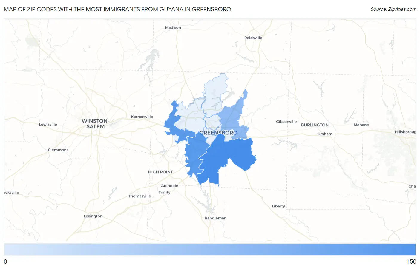 Zip Codes with the Most Immigrants from Guyana in Greensboro Map