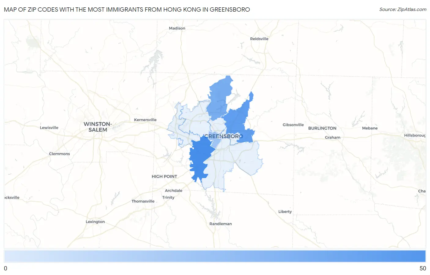 Zip Codes with the Most Immigrants from Hong Kong in Greensboro Map
