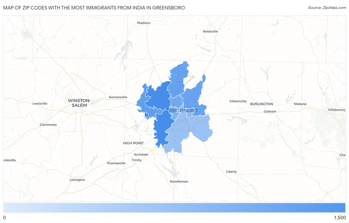 Zip Codes with the Most Immigrants from India in Greensboro Map