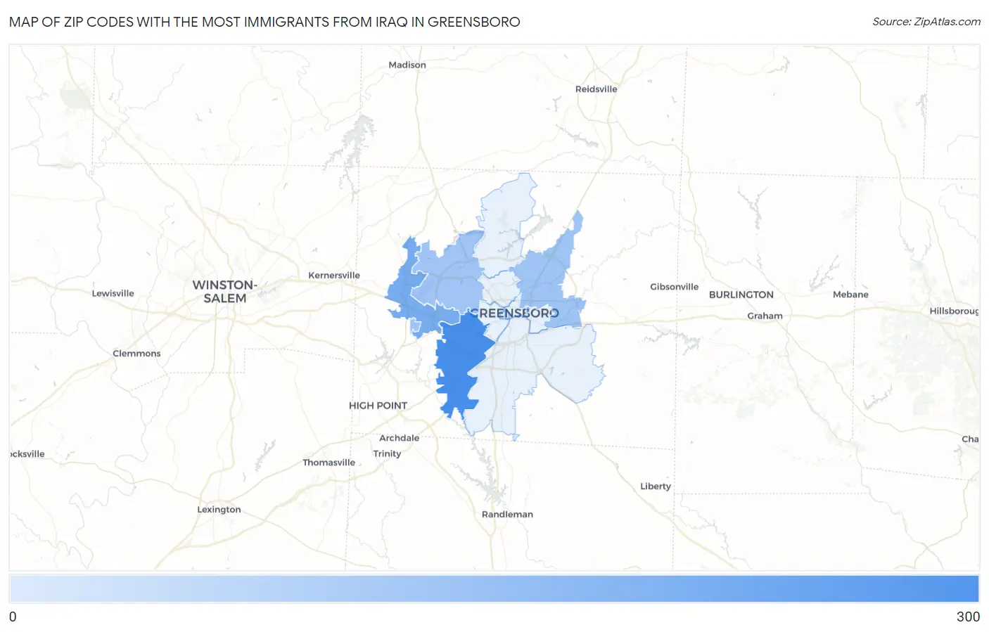 Zip Codes with the Most Immigrants from Iraq in Greensboro Map