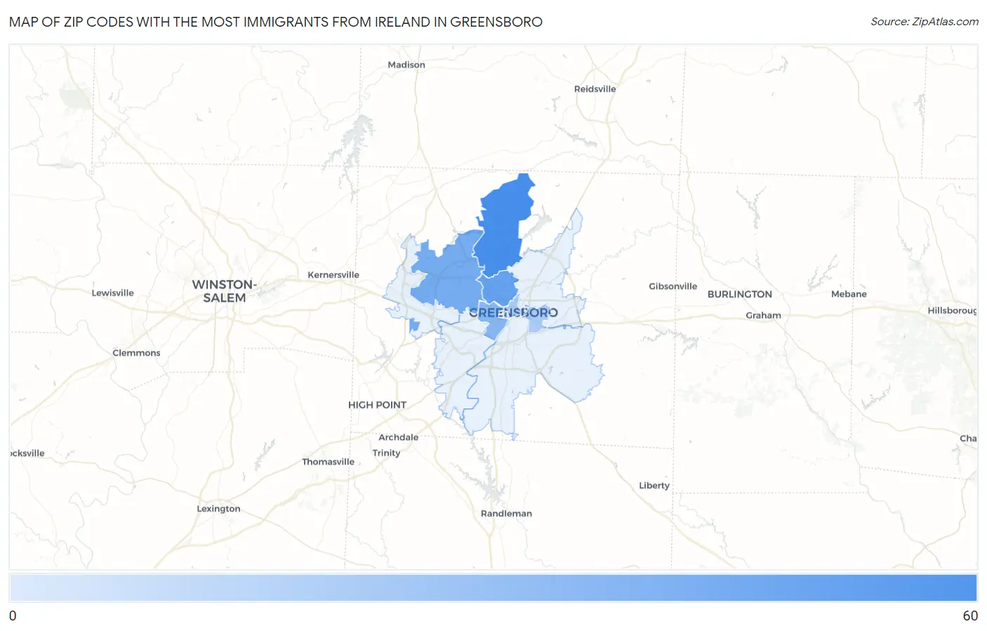 Zip Codes with the Most Immigrants from Ireland in Greensboro Map