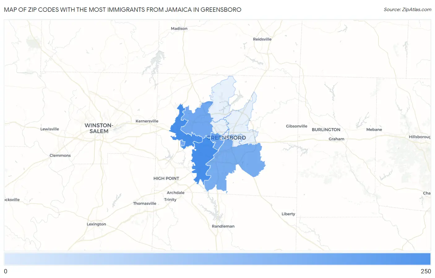 Zip Codes with the Most Immigrants from Jamaica in Greensboro Map
