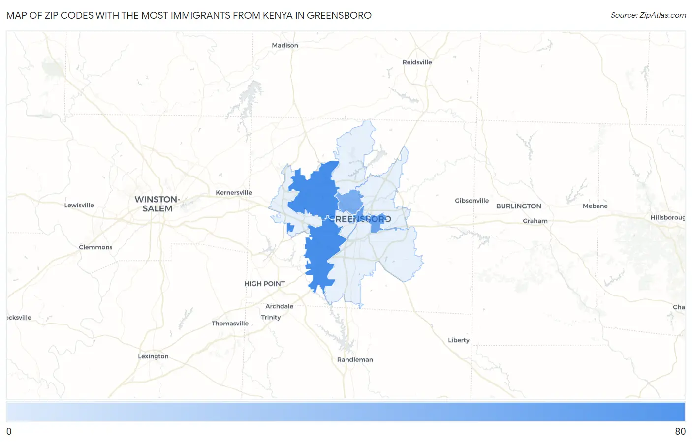 Zip Codes with the Most Immigrants from Kenya in Greensboro Map