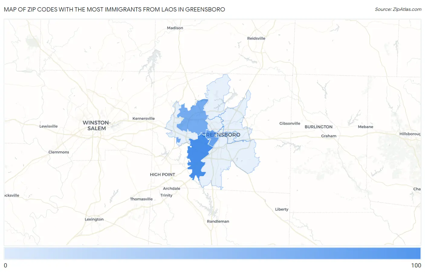 Zip Codes with the Most Immigrants from Laos in Greensboro Map