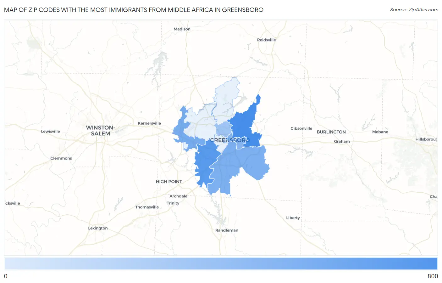 Zip Codes with the Most Immigrants from Middle Africa in Greensboro Map