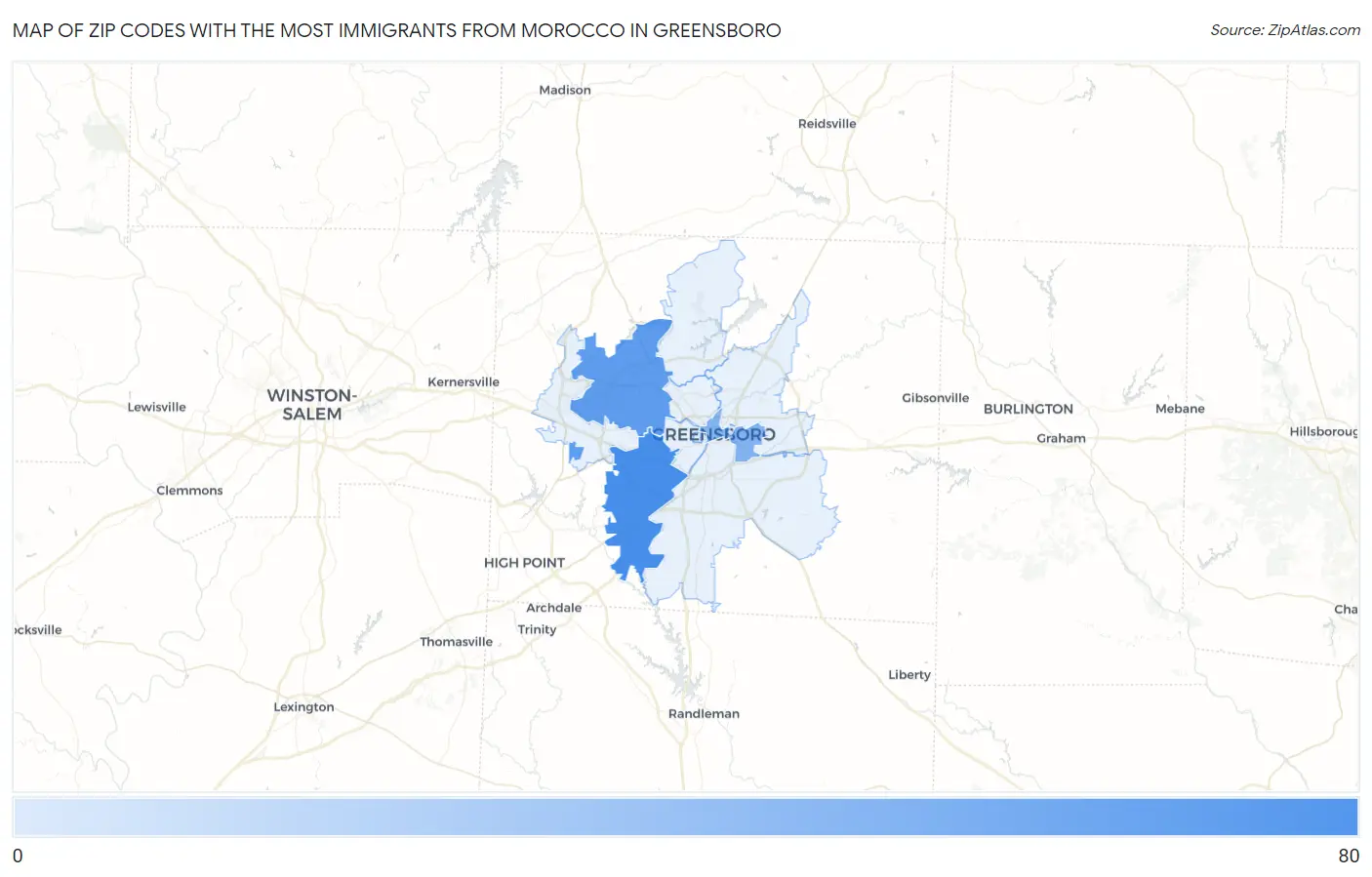 Zip Codes with the Most Immigrants from Morocco in Greensboro Map