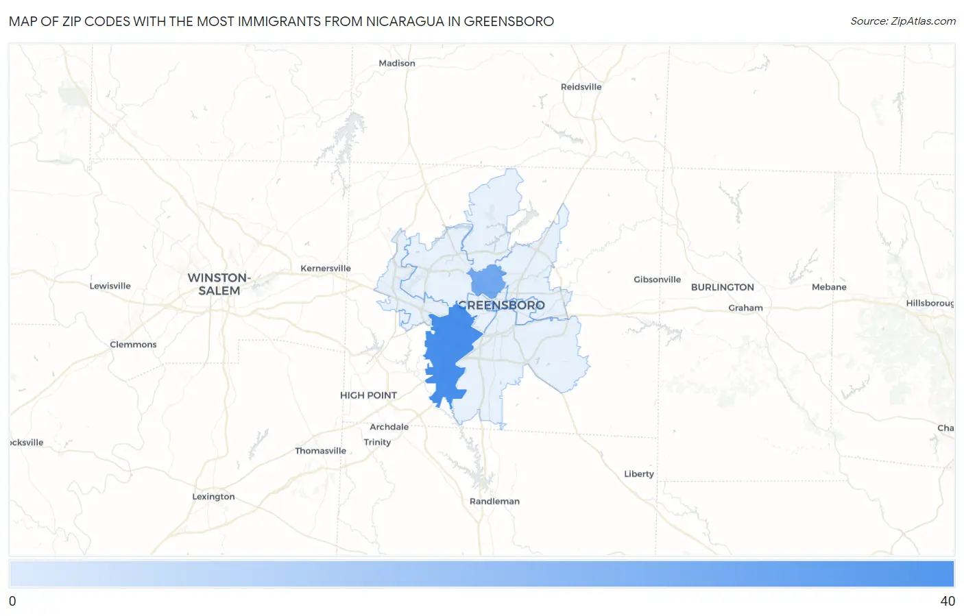 Zip Codes with the Most Immigrants from Nicaragua in Greensboro Map