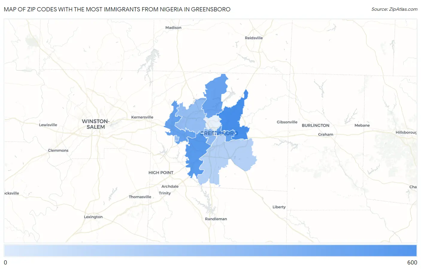 Zip Codes with the Most Immigrants from Nigeria in Greensboro Map