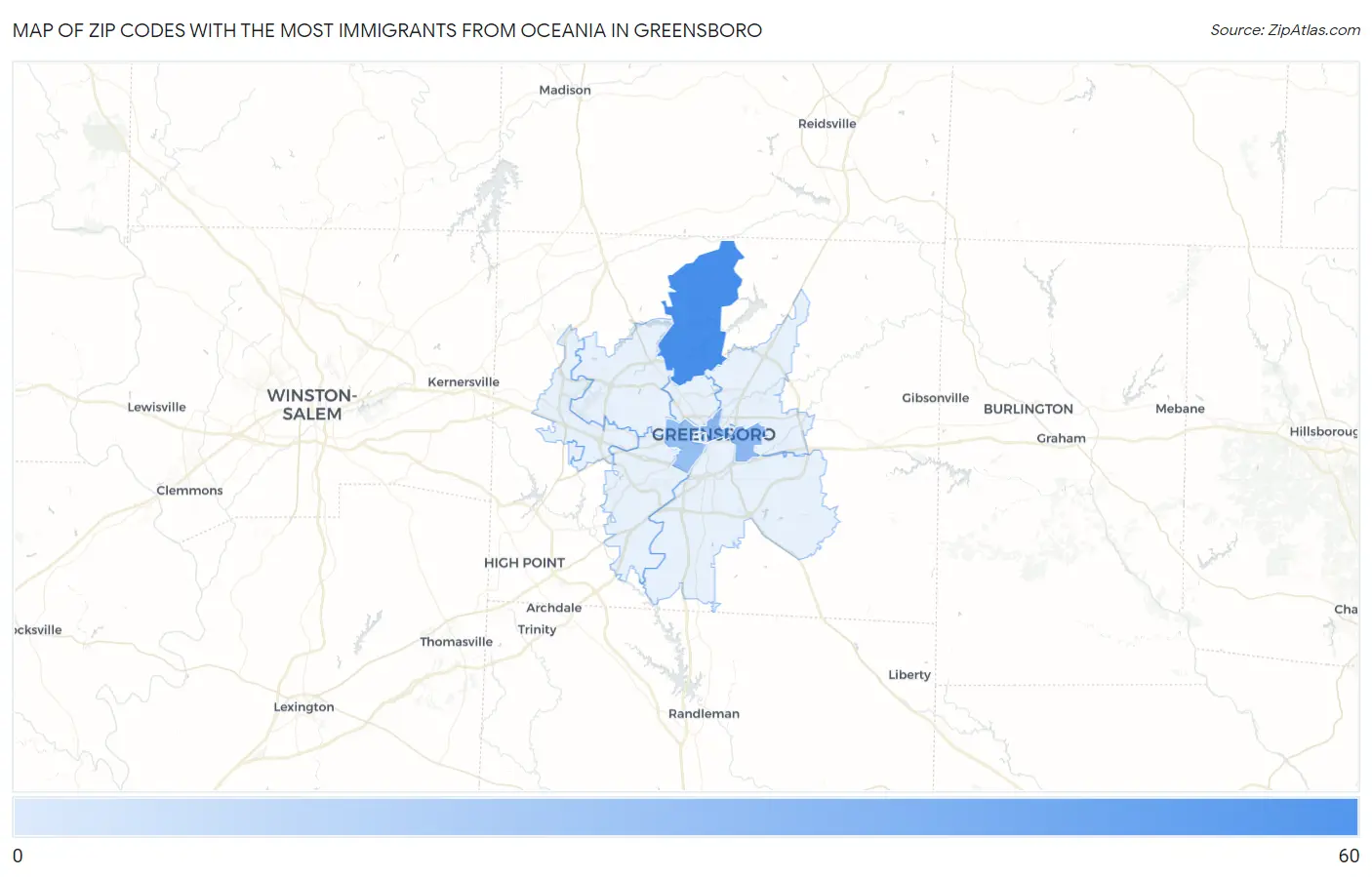 Zip Codes with the Most Immigrants from Oceania in Greensboro Map