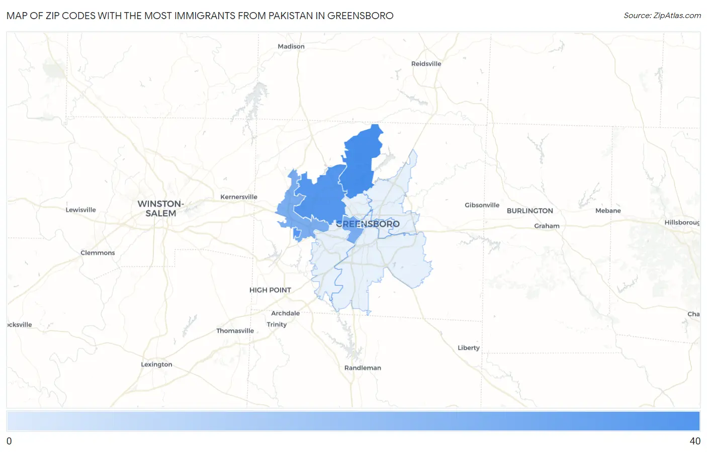 Zip Codes with the Most Immigrants from Pakistan in Greensboro Map