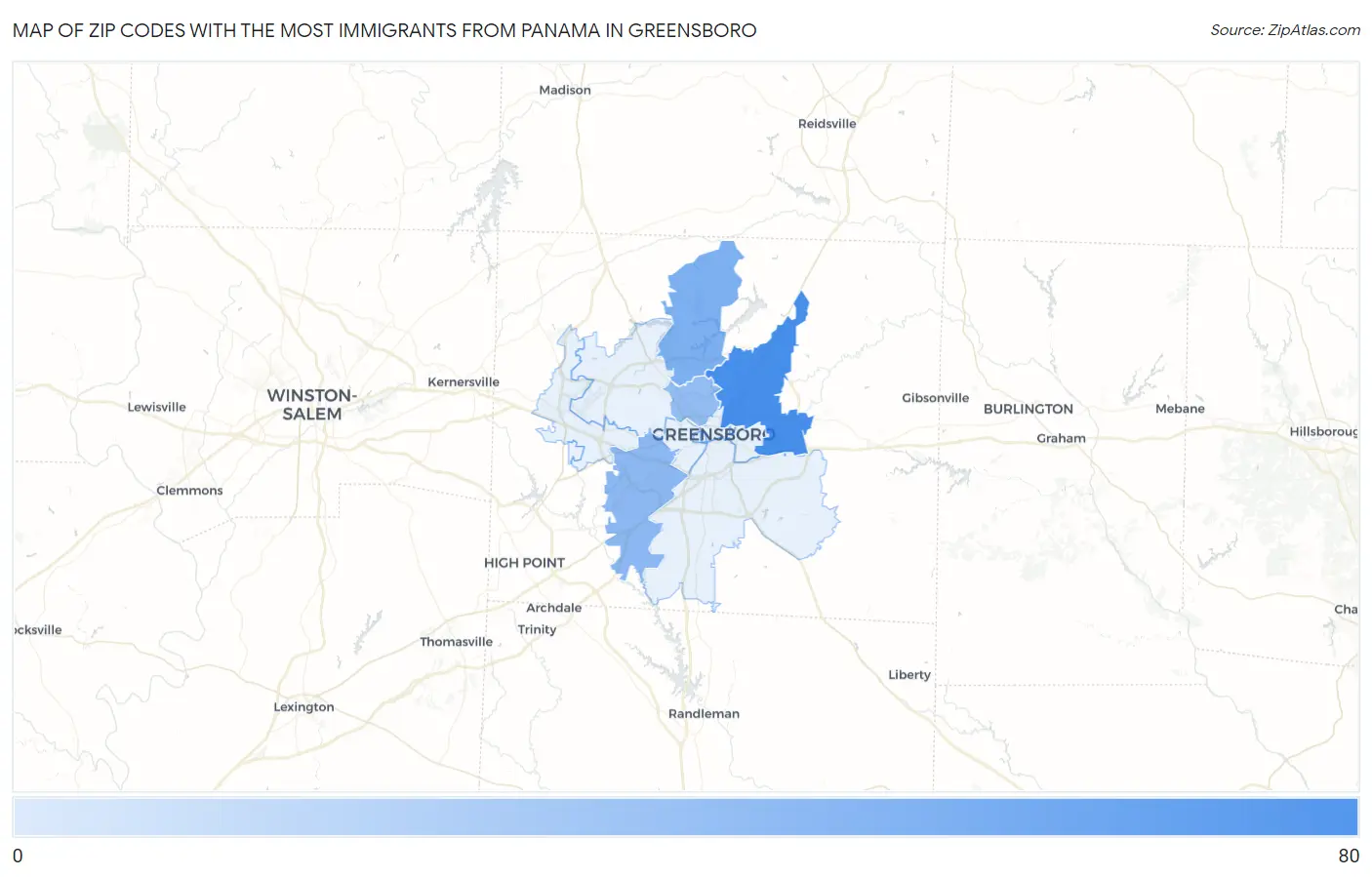Zip Codes with the Most Immigrants from Panama in Greensboro Map
