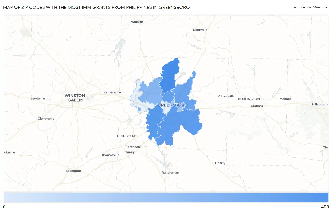 Zip Codes with the Most Immigrants from Philippines in Greensboro Map
