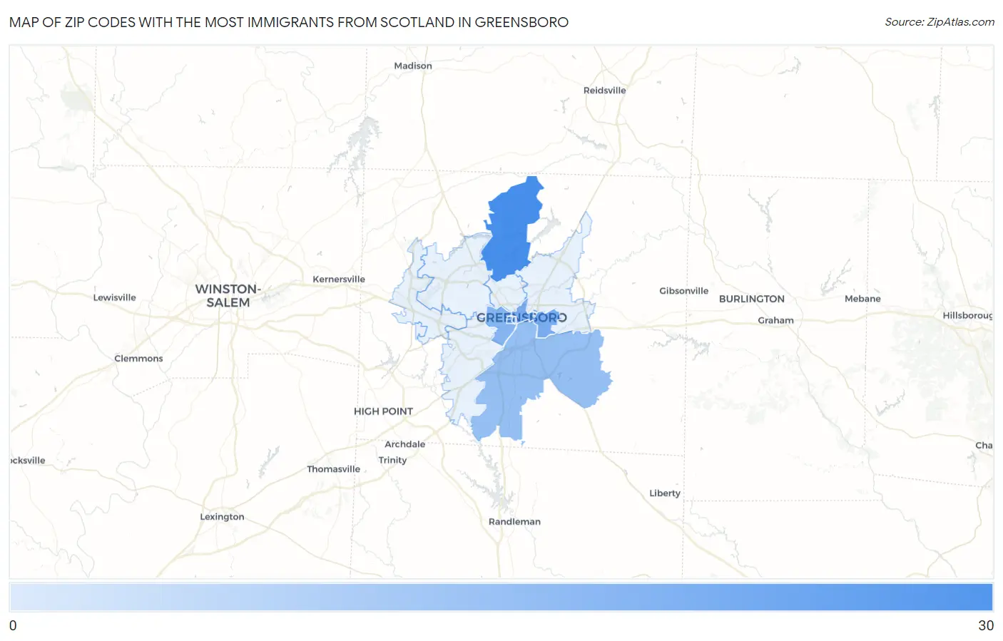 Zip Codes with the Most Immigrants from Scotland in Greensboro Map