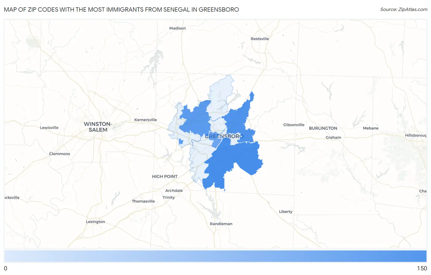 Zip Codes with the Most Immigrants from Senegal in Greensboro Map