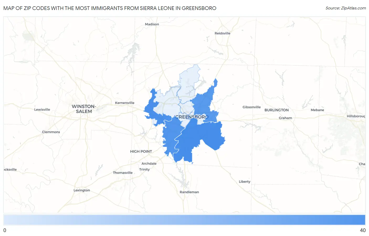 Zip Codes with the Most Immigrants from Sierra Leone in Greensboro Map