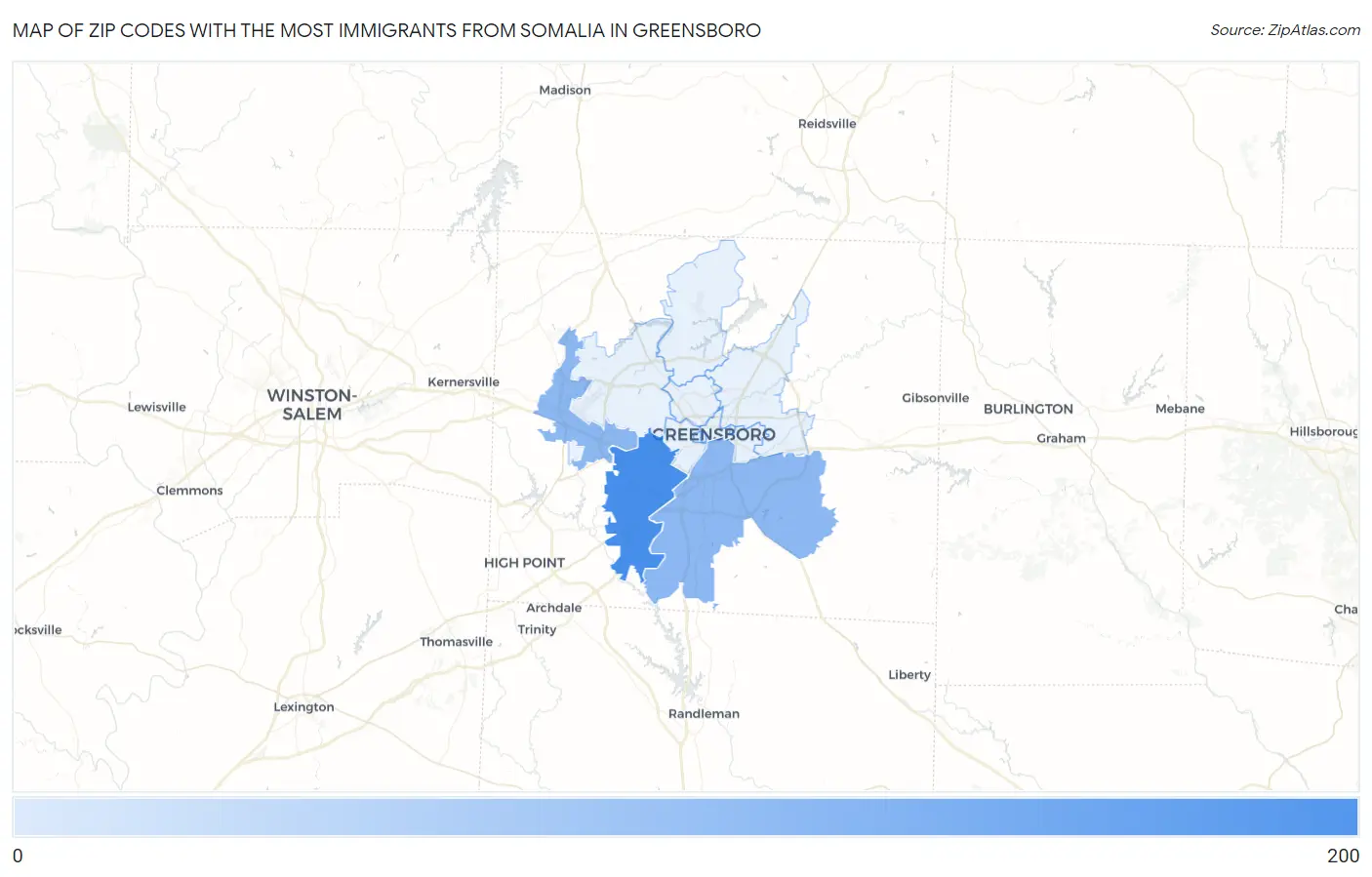 Zip Codes with the Most Immigrants from Somalia in Greensboro Map
