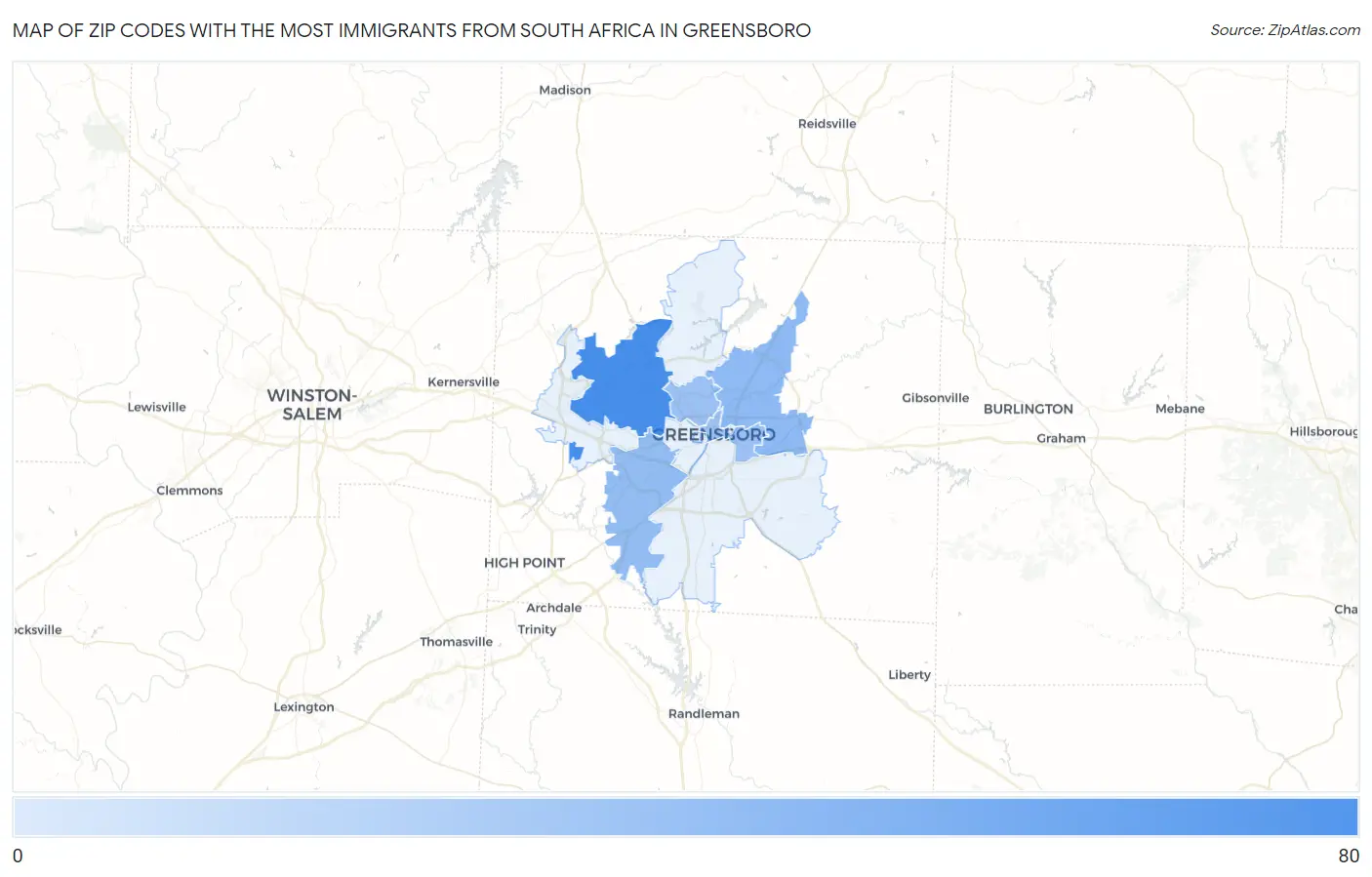 Zip Codes with the Most Immigrants from South Africa in Greensboro Map