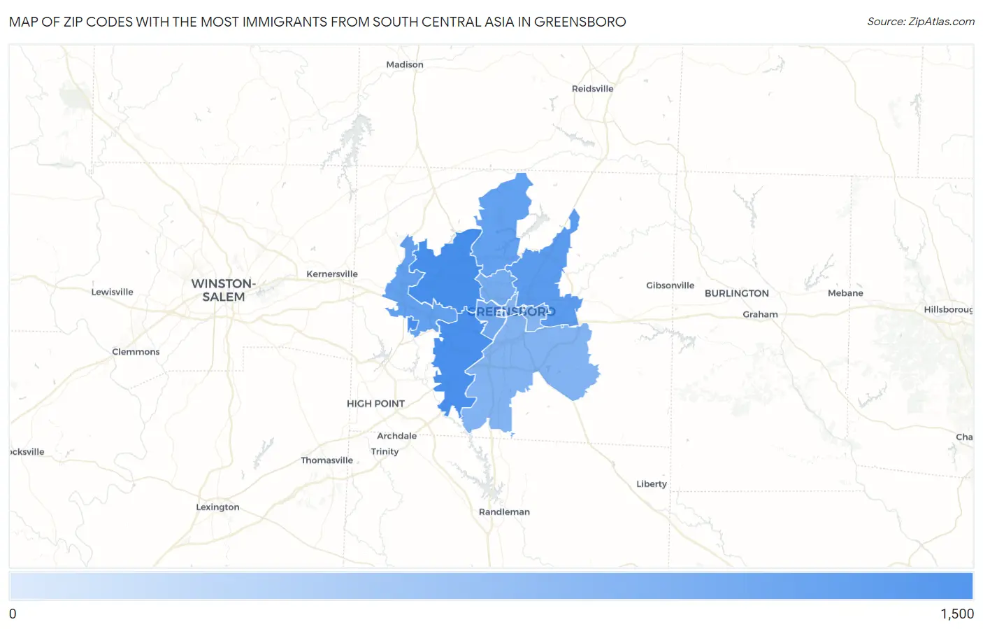 Zip Codes with the Most Immigrants from South Central Asia in Greensboro Map