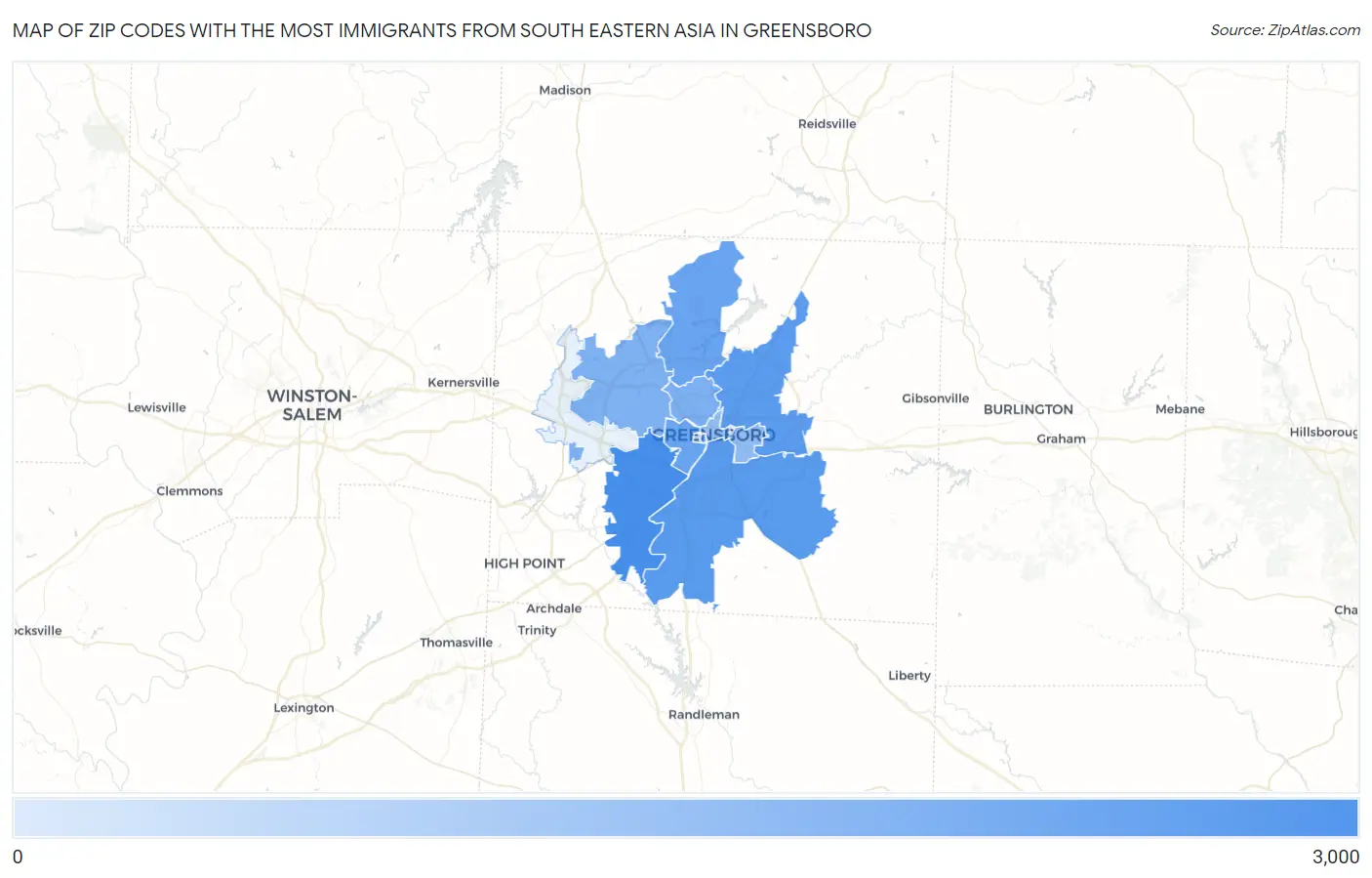 Zip Codes with the Most Immigrants from South Eastern Asia in Greensboro Map