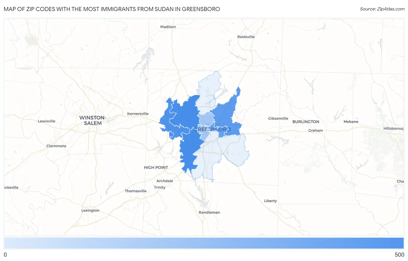 Zip Codes with the Most Immigrants from Sudan in Greensboro Map