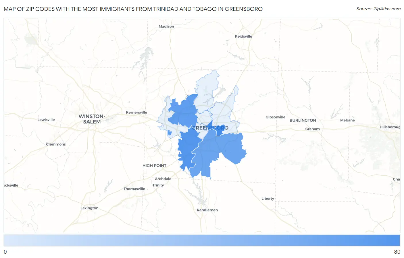 Zip Codes with the Most Immigrants from Trinidad and Tobago in Greensboro Map