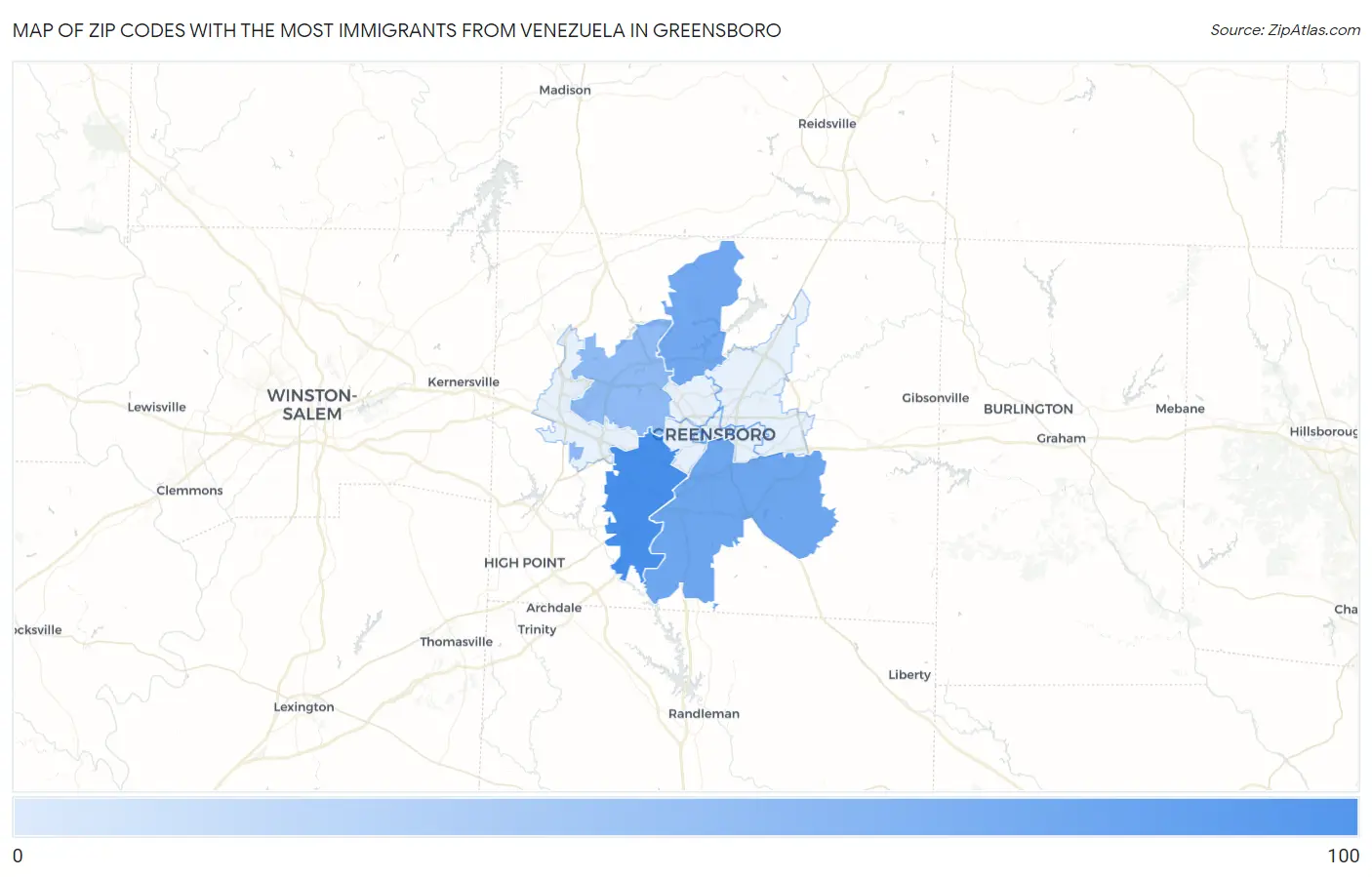 Zip Codes with the Most Immigrants from Venezuela in Greensboro Map