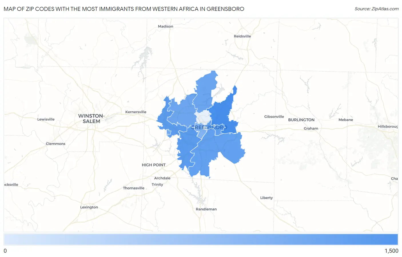 Zip Codes with the Most Immigrants from Western Africa in Greensboro Map