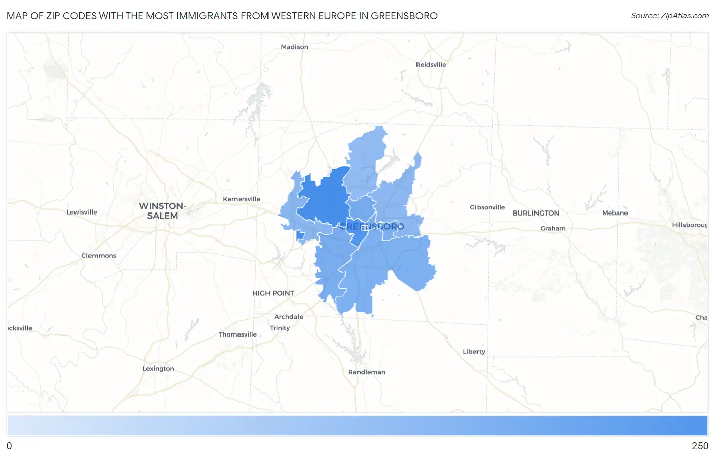 Zip Codes with the Most Immigrants from Western Europe in Greensboro Map