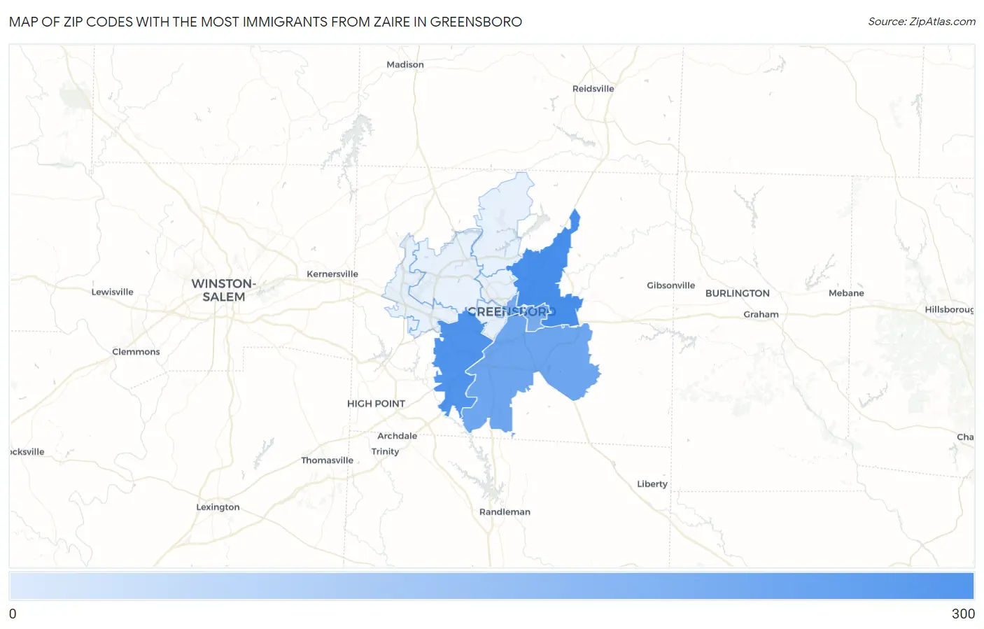 Zip Codes with the Most Immigrants from Zaire in Greensboro Map